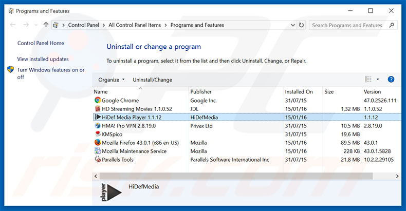 HiDef Media Player adware uninstall via Control Panel