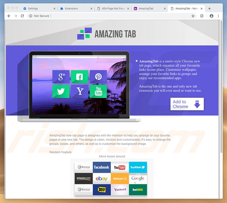 AmazingTab browser hijacker promoting website