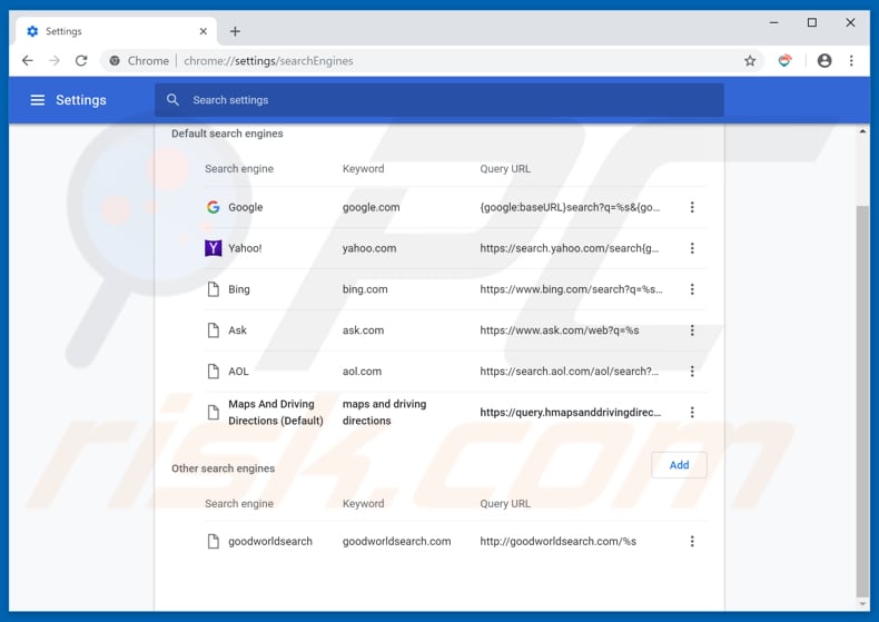 Removing search.hmapsanddrivingdirection.com from Google Chrome default search engine