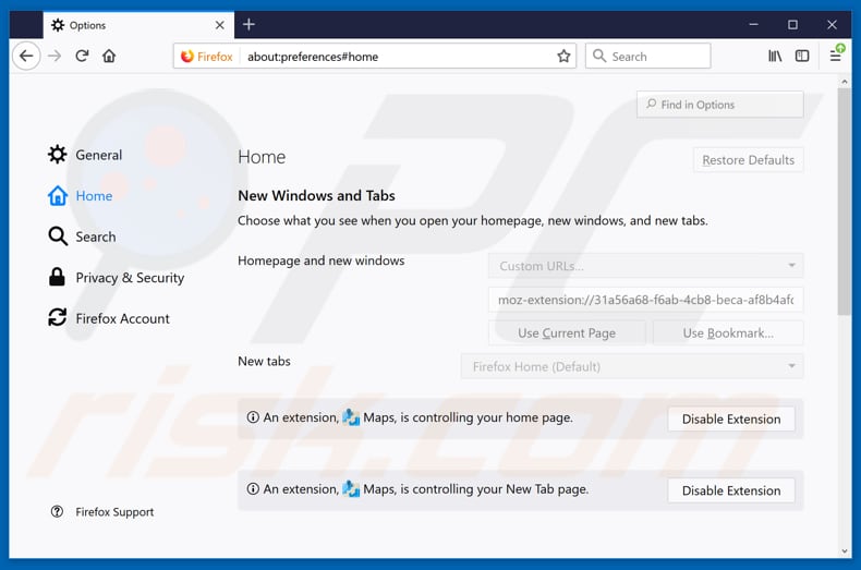 Removing search.hmapsanddrivingdirection.com from Mozilla Firefox homepage