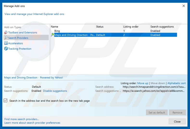 Removing search.hmapsanddrivingdirection.com from Internet Explorer default search engine