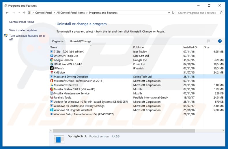 search.hmapsanddrivingdirection.com browser hijacker uninstall via Control Panel