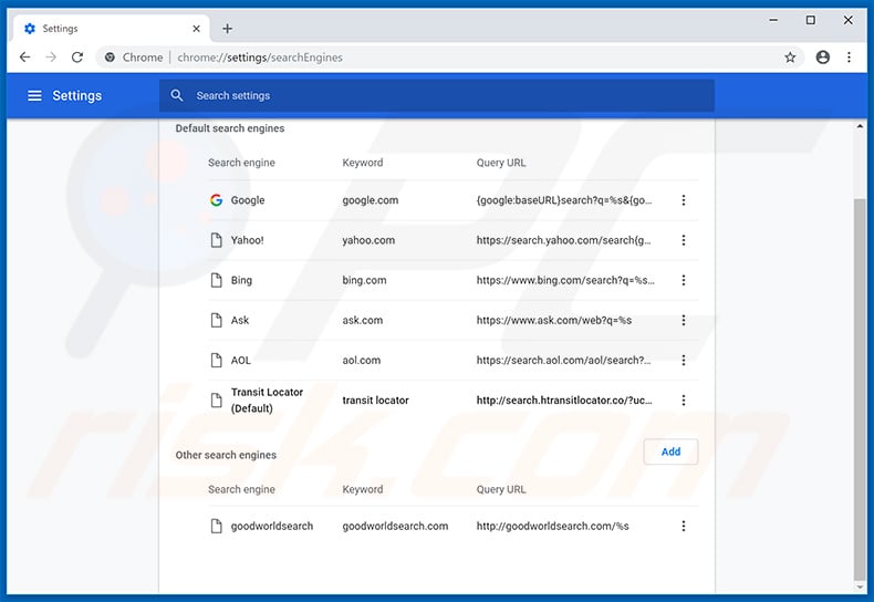 Removing search.htransitlocator.co from Google Chrome default search engine