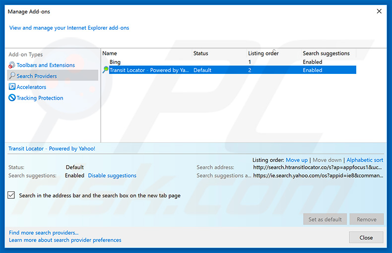 Removing search.htransitlocator.co from Internet Explorer default search engine