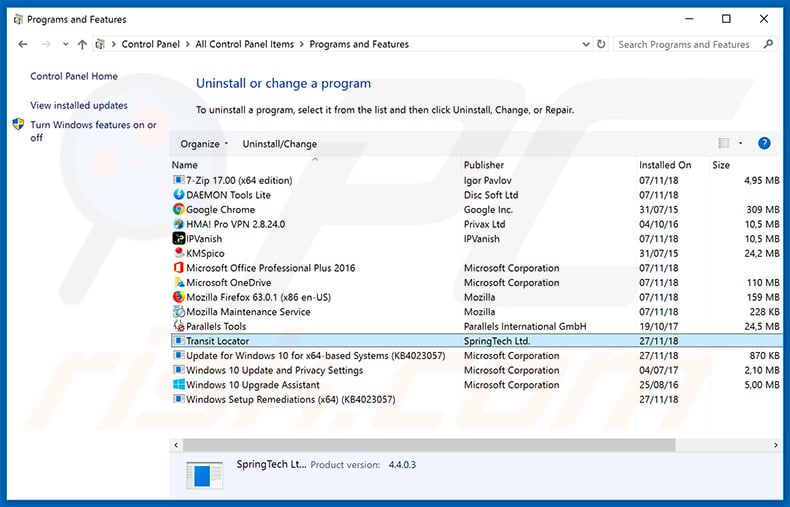 search.htransitlocator.co browser hijacker uninstall via Control Panel