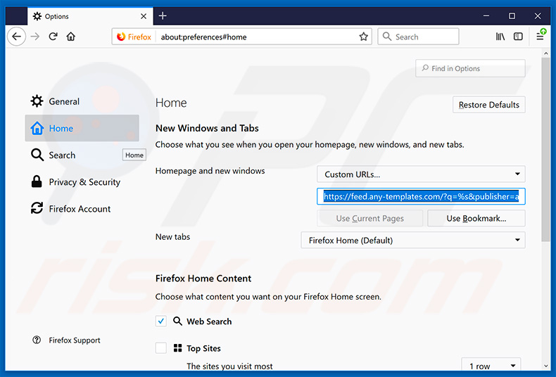 Removing feed.any-templates.com from Mozilla Firefox homepage