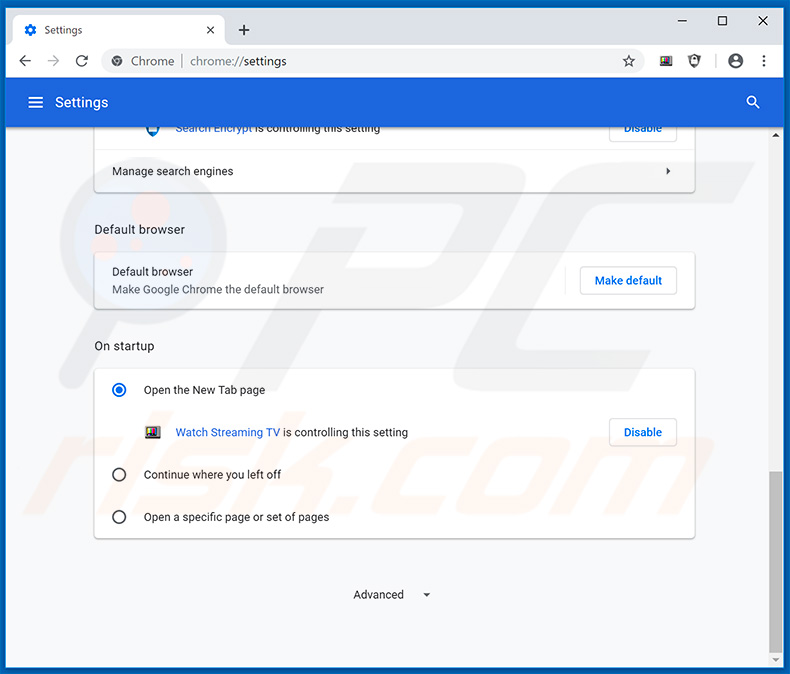 Removing search.hwatchstreamingtv.com from Google Chrome homepage