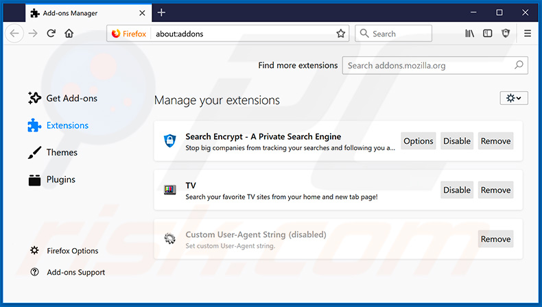 Removing search.hwatchstreamingtv.com related Mozilla Firefox extensions