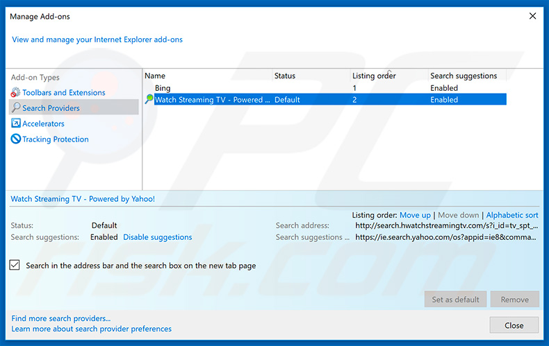 Removing search.hwatchstreamingtv.com from Internet Explorer default search engine