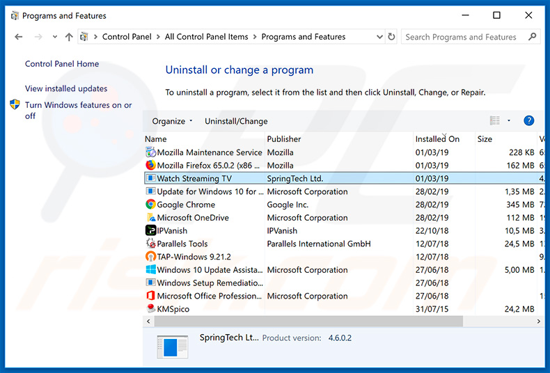 search.hwatchstreamingtv.com browser hijacker uninstall via Control Panel