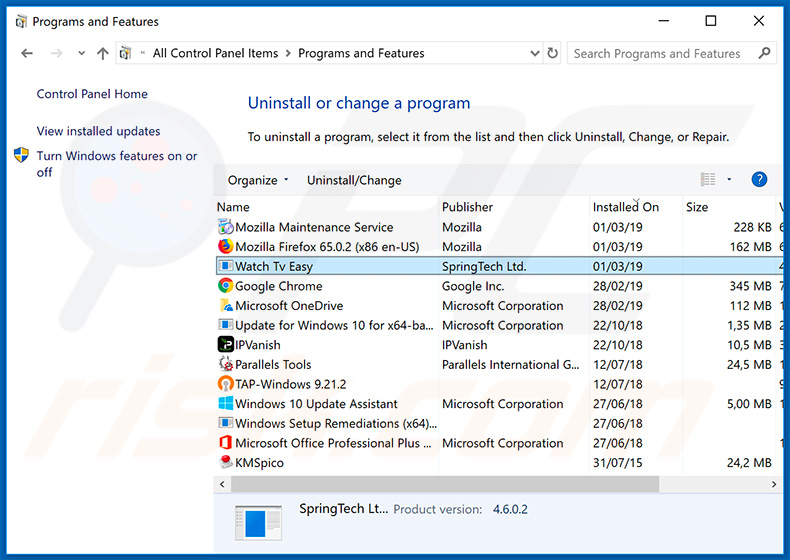 search.hwatchtveasy.com browser hijacker uninstall via Control Panel