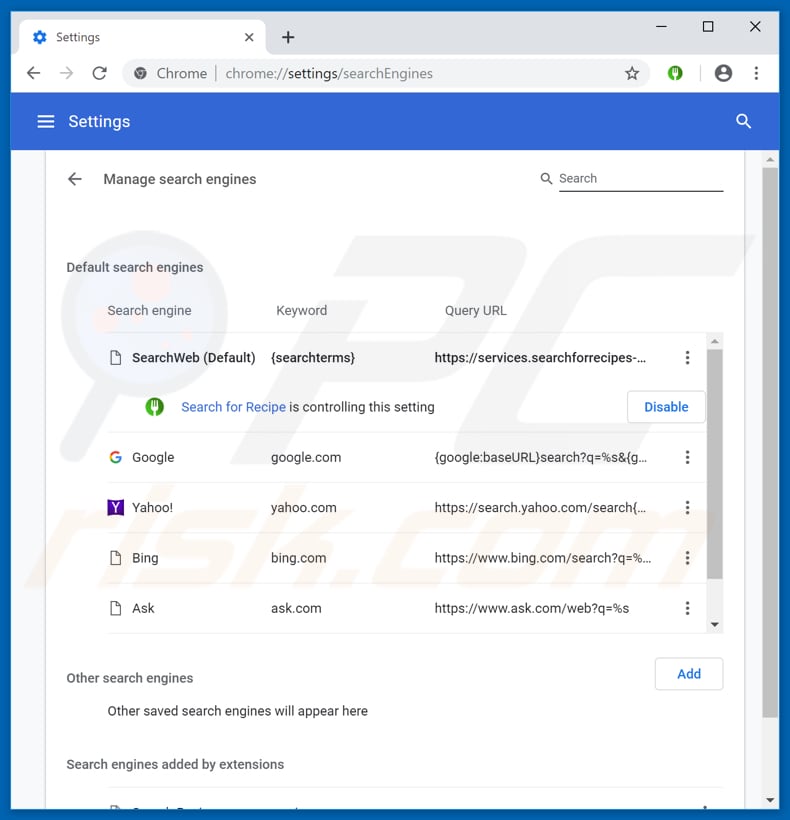 Removing searchforrecipes-svc.com from Google Chrome default search engine
