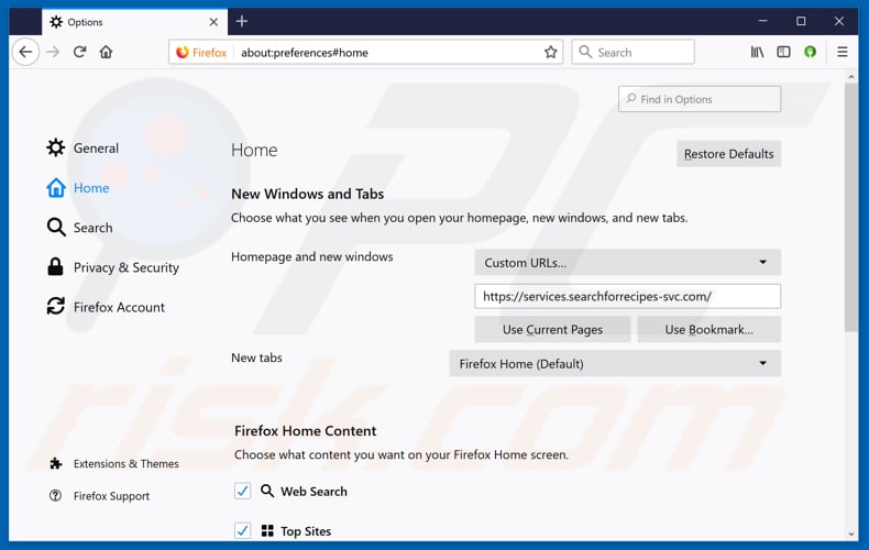 Removing searchforrecipes-svc.com from Mozilla Firefox homepage