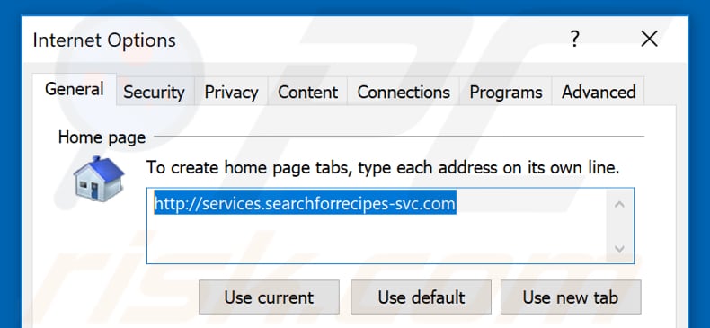 Removing searchforrecipes-svc.com from Internet Explorer homepage