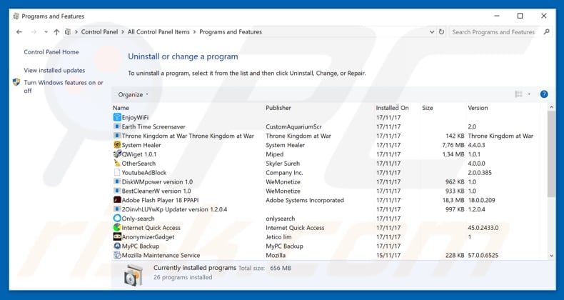 searchforrecipes-svc.com browser hijacker uninstall via Control Panel