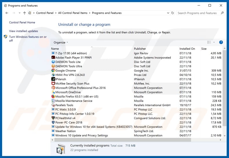 PUP.Optional.Legacy adware uninstall via Control Panel