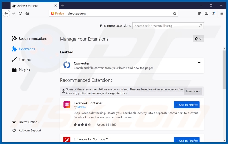 Removing search.fileconverterhubtab.com related Mozilla Firefox extensions