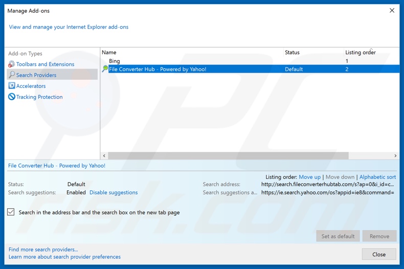 Removing search.fileconverterhubtab.com from Internet Explorer default search engine