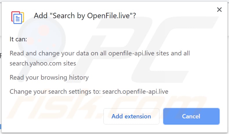 search by openfile browser hijacker asks for a permission to be installed on google chrome