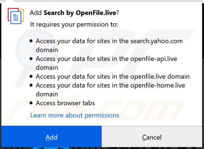 search by openfile browser hijacker asks for a permission to be installed on mozilla firefox