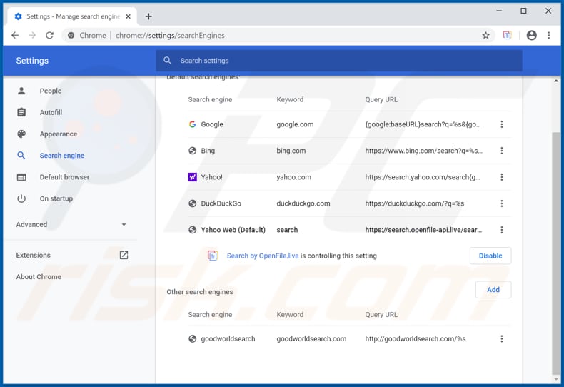 Removing openfile.live from Google Chrome default search engine