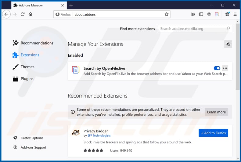 Removing openfile.live related Mozilla Firefox extensions