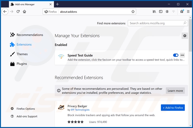 Removing speedtest-guide.com related Mozilla Firefox extensions