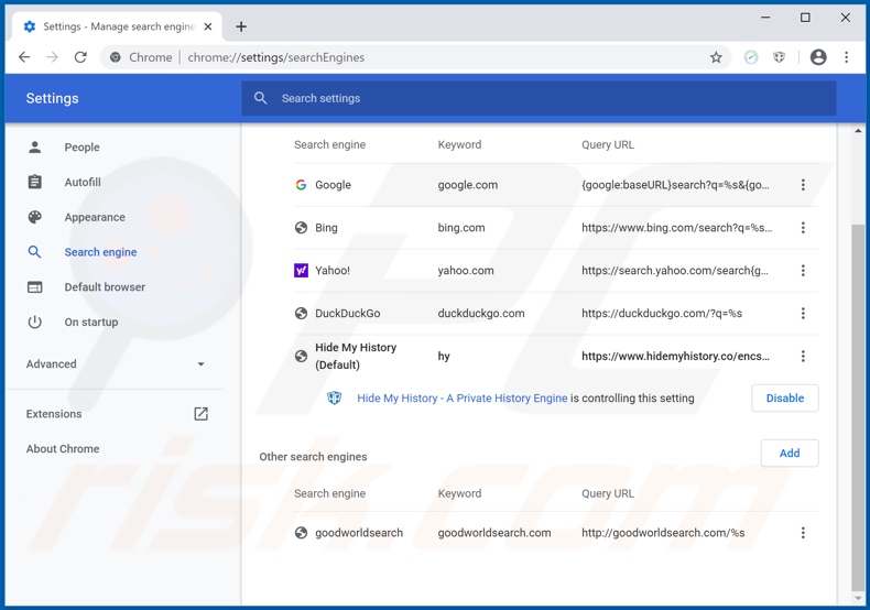 Removing search.htestspeedhere.com from Google Chrome default search engine
