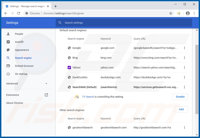 Removing services.gettvsearch-svc.org from Google Chrome default search engine
