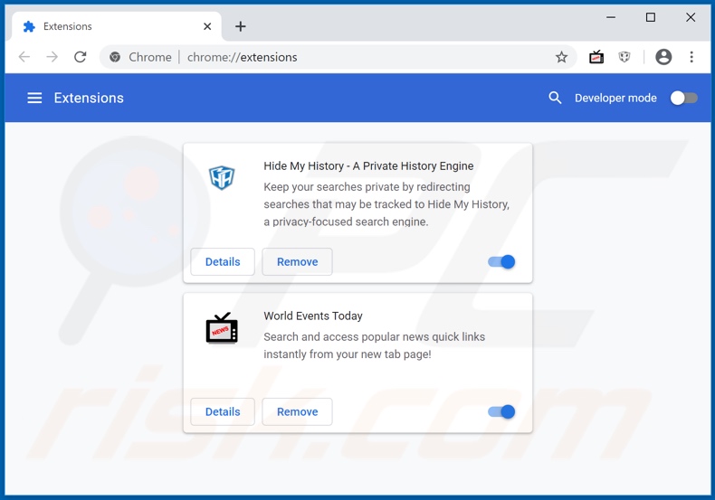 Removing search.hworldeventstoday.com related Google Chrome extensions