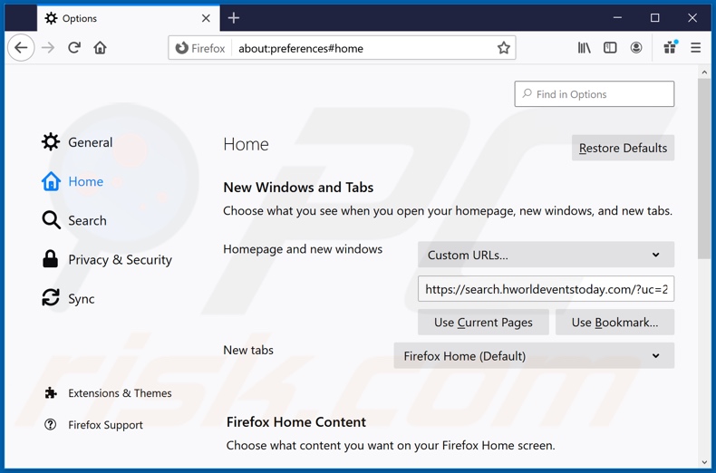 Removing search.hworldeventstoday.com from Mozilla Firefox homepage