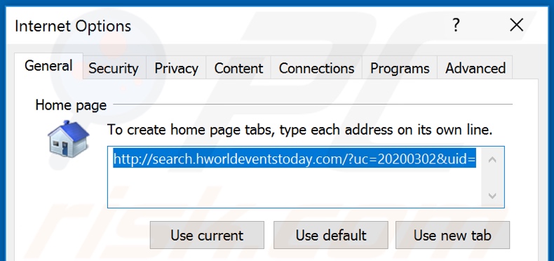 Removing search.hworldeventstoday.com from Internet Explorer homepage