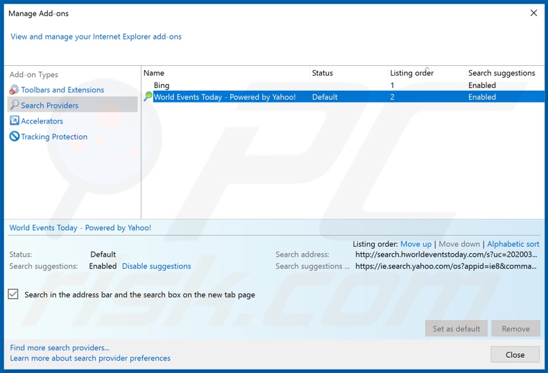 Removing search.hworldeventstoday.com from Internet Explorer default search engine