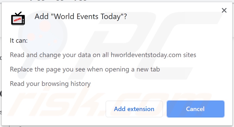 World Events Today browser hijacker asking for permissions