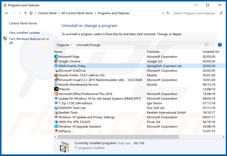 search.hworldeventstoday.com browser hijacker uninstall via Control Panel