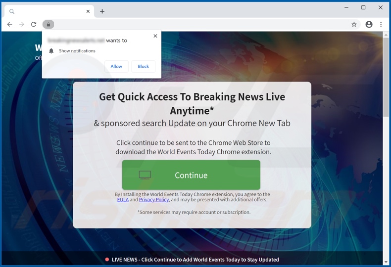 Website used to promote World Events Today browser hijacker