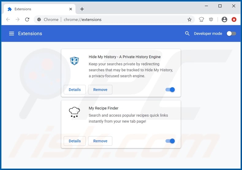 Removing hmyrecipesfinder.co related Google Chrome extensions