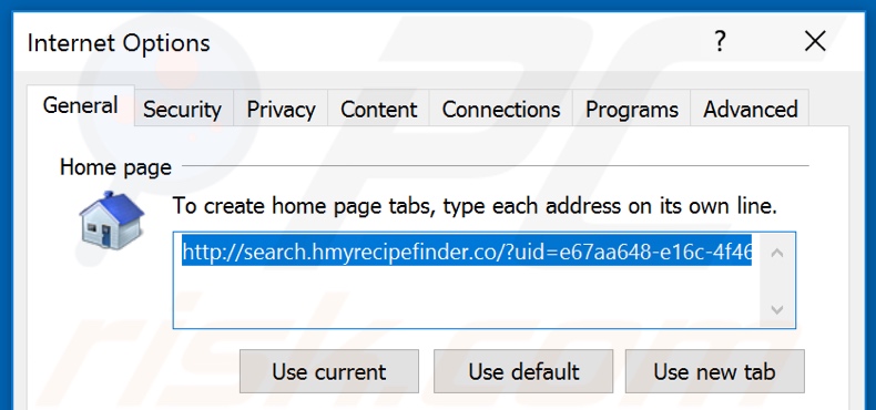 Removing hmyrecipesfinder.co from Internet Explorer homepage