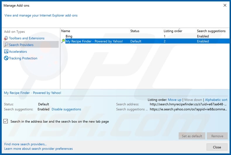 Removing hmyrecipesfinder.co from Internet Explorer default search engine