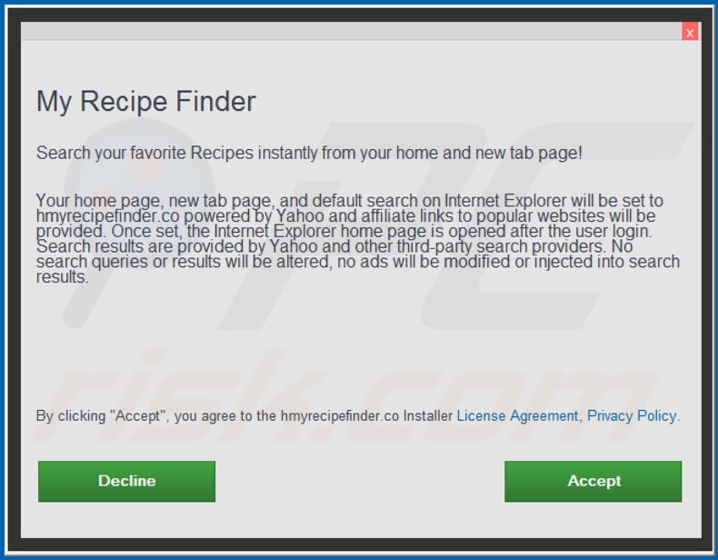 Official My Recipes Finder browser hijacker installation setup