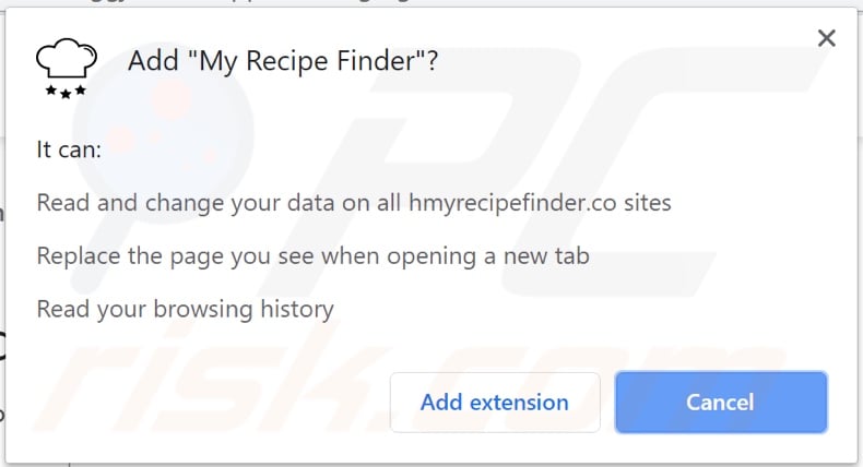 My Recipes Finder browser hijacker asking for permissions