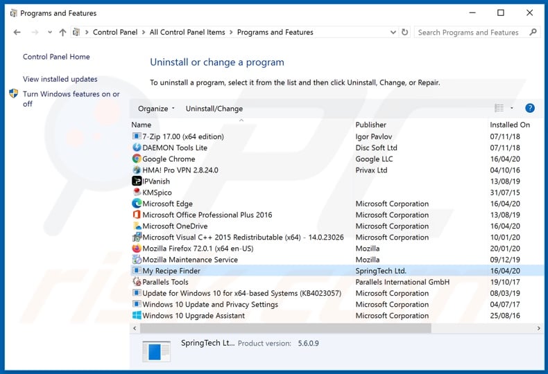 hmyrecipesfinder.co browser hijacker uninstall via Control Panel