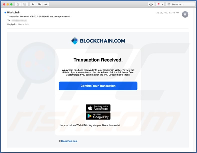 Transaction Received Into Blockchain Wallet Email Scam - Removal and  recovery steps (updated)