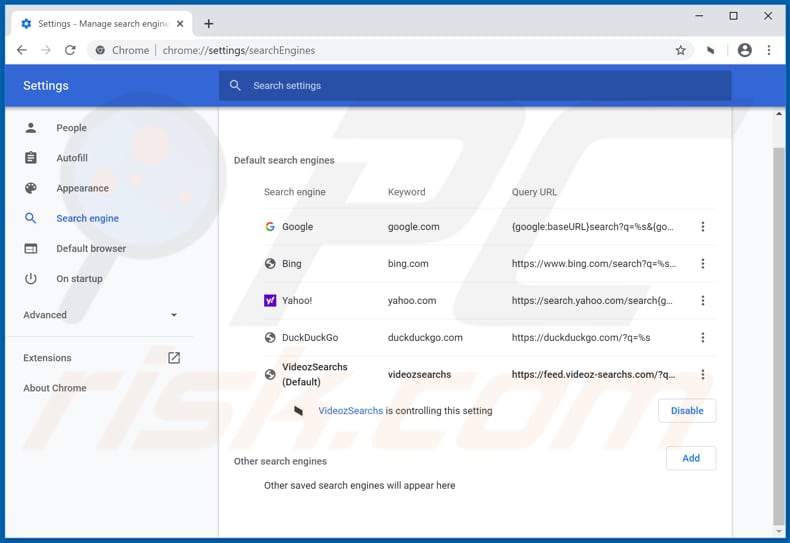 Removing feed.videoz-searchs.com from Google Chrome default search engine