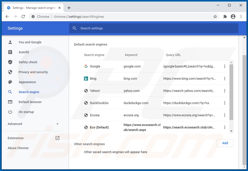 Removing ecosearch.club from Google Chrome default search engine
