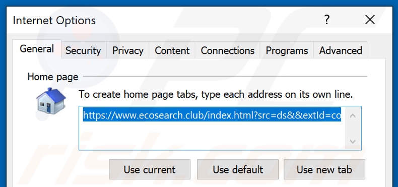 Removing ecosearch.club from Internet Explorer homepage