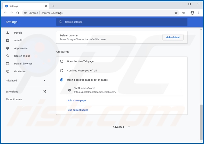 Removing topstreamssearch.com from Google Chrome homepage