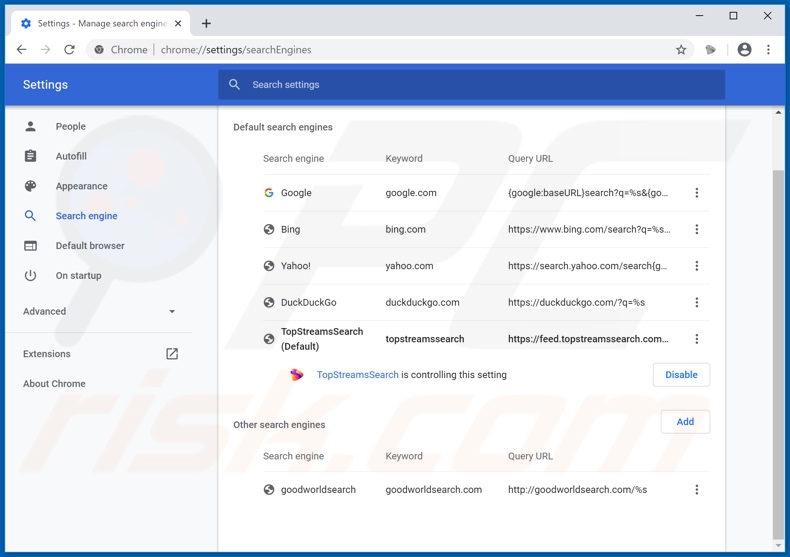 Removing topstreamssearch.com from Google Chrome default search engine