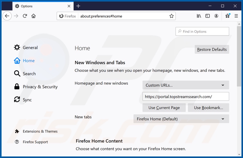 Removing topstreamssearch.com from Mozilla Firefox homepage