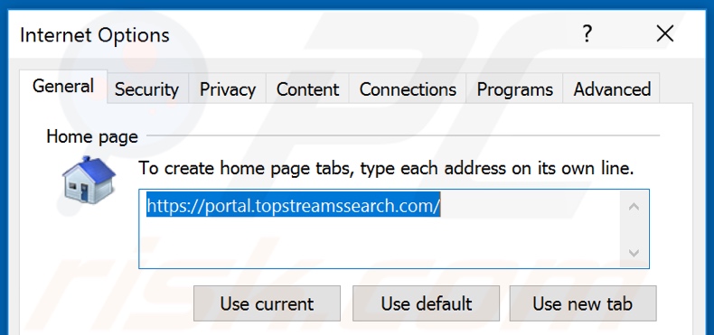 Removing topstreamssearch.com from Internet Explorer homepage